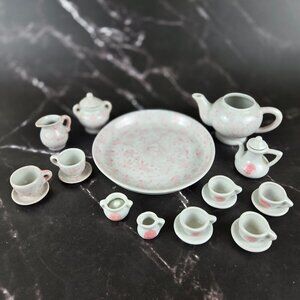 Porcelain Miniature Tea Set White Pink 21 Pieces Display Only Not a Toy